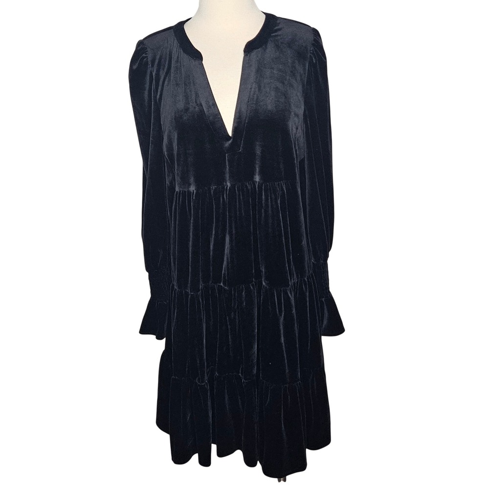 Pomander Place Black Velvet Tiered V-Neck Dress XXL Long Smocked Sleeve Ruffle